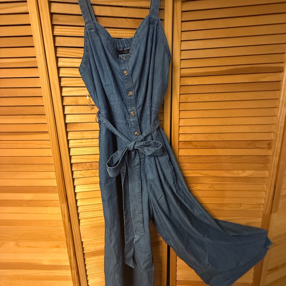 Lane Bryant Denim Blue Button-Front Jumpsuit with Tie Waist